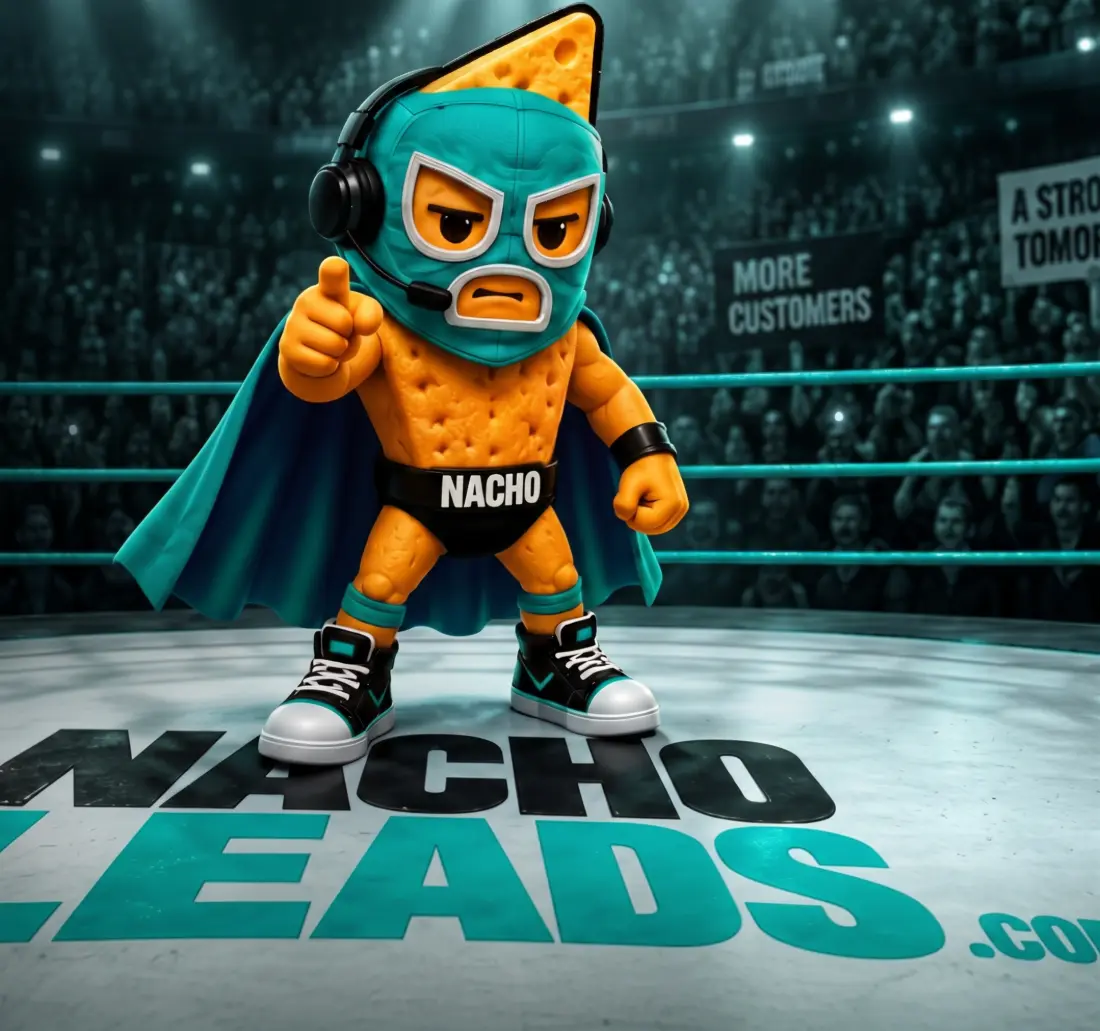 NachoLeads luchador nacho mascot pointing from a wrestling ring, with NachoLeads painted on the mat